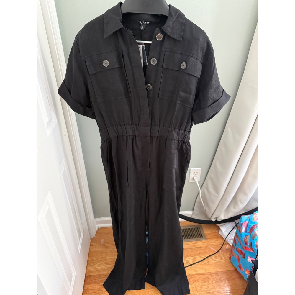 J.Crew NWT 100% Linen Wide Leg Jumpsuit Black Short Sleeve Womens 14 Utility